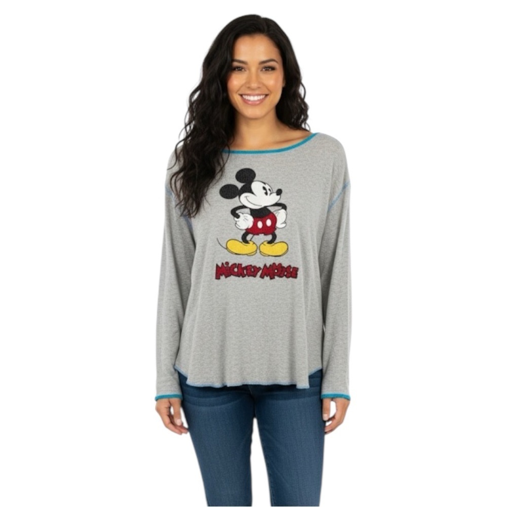 Disney Mickey Mouse Grey Gray XXL Long Sleeve Top with Blue Trim